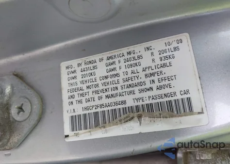 2010 Honda Accord 2.4 Ex-L z USA, uszkodzony, nr VIN 1HGCP2F85AA036488